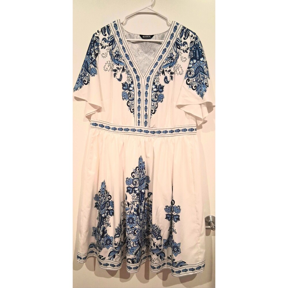 BloomChic Bandana Print Flutter Sleeve Midi Dress Blue & White UK 22